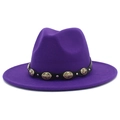 Detailed view of bohemian purple fedora hat with metal studs and black leather band - Purple