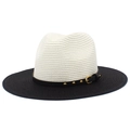 Top-down view of two-tone straw fedora with gold rivet leather band detail - One Size / Cream & Black (11#)