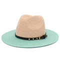 Two-tone woven straw sun hat with stylish mint green brim and studded leather band - One Size / Beige & Mint Green (3#)
