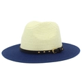 Detailed macro view of bicolor straw sun hat featuring navy brim and gold rivet leather band - One Size / Beige & Dark Blue (2#)