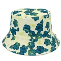 Detail of floral hibiscus print on creamy white cotton sun hat with parallel stitching - Beige Base Blue Yellow Floral