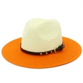 Close-up of dual-tone straw hat featuring a black leather band and golden metal rivets - One Size / Light Beige & Orange-Red (1#)