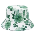 Détail de l'imprimé floral vert sur chapeau de soleil en coton blanc avec bord cousu - Taille unique / Vert