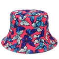 Detail of red bucket hat featuring blue butterfly prints and reinforced stitched brim - Rose Red