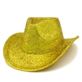 Detail of glittery gold cowboy hat with a textured sparkly finish and classic wide brim - Yellow
