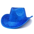Detail of royal blue sequined cowboy hat showing sparkling texture and wide brim - Blue