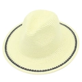 Detailed close-up of cream straw sun hat with spiral weave and black-white decorative trim - Beige