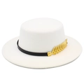Detail of white wool felt boater hat featuring black band and golden leaf ornament - White
