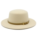 Close-up of cream wool fedora hat featuring flat top design and buckled leather band - Beige