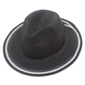 Detailed macro view of black straw sun hat with decorative white geometric lace edge trim - Black
