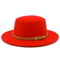 Elegant red wool boater hat with a light brown leather belt buckle for women - Red