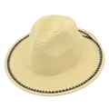Close-up of elegant straw sun hat with black wavy woven stripe detail on edge - Khaki