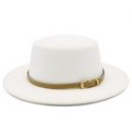 Detailed close-up of a white wool felt flat-top hat featuring a tan leather belt strap - White