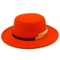 Detail of orange wool felt boater hat with black ribbon and golden leaf metal buckle - Orange Red