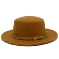 Close-up of wool felt flat-top hat featuring a light brown leather strap and gold buckle - Khaki