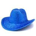 Detailed macro view showing the shiny metallic texture of the bright blue party cowboy hat - One Size / Blue