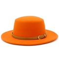 Detail view of bright orange flat top wool fedora with tan leather belt and gold buckle - Orange
