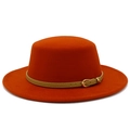 Detail of orange wool flat top hat featuring a brown leather strap and golden metal buckle - Dark Orange
