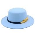 Detail of light blue flat top wool fedora hat with black band and gold leaf accent - Light Blue