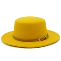 Detail view of bright yellow wool felt boater hat with slim brown leather belt and gold buckle - Yellow