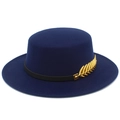 Detail of navy blue wool boater hat with black leather strap and gold feather pin - Dark Blue