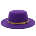 Detailed macro view of the dark purple wool felt fedora featuring a brown leather belt buckle - Deep purple