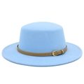 Detail of light blue wool felt boater hat featuring a brown leather band and gold buckle - Light Blue