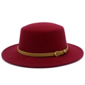 Detail of burgundy wool fedora hat featuring a stylish leather belt and gold buckle - Burgundy