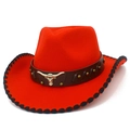 Red western cowboy hat with bull head buckle leather belt and ethnic curved brim edge - One Size / Red