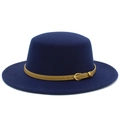 Detail of navy wool felt flat top fedora with brown leather band and gold metal buckle - Dark Blue