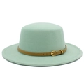Detailed view of mint green flat top wool hat with brown faux leather belt and gold buckle - Mint Green