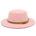 Pink wool felt boater hat featuring a brown leather belt with a golden metallic buckle - Pink