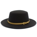 Detailed close-up of a vintage black flat top hat with khaki belt and gold buckle - Black