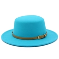 Macro shot of bright blue boater hat wool felt texture with khaki leather belt buckle - Sky Blue
