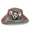 Detail view of grey Halloween cowboy hat featuring Ghostface mask and blood splatter design - Scream Ghostface Style (6# Heart Top)