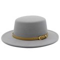 Elegant grey flat-top wool fedora hat with a tan leather belt and golden buckle - Gray