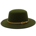 Detail of olive green wool fedora hat featuring a leather band and gold buckle - Army Green