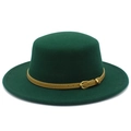 Elegant dark green wool felt boater hat with a leather belt and gold buckle accessory - Dark Green