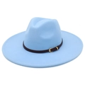 Close-up of sky blue fedora wool hat with dark brown leather strap and gold buckle - One Size / Light Blue