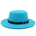 Detail of teal wool boater hat featuring a black leather belt strap with silver buckle - One Size / Sky Blue