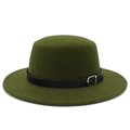 Detail of army green flat top wool fedora with a black faux leather belted buckle strap - One Size / Army Green