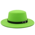 Close-up of neon green wool fedora hat featuring a black leather band and silver buckle - One Size / Fruit Green