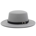 Detail of grey wool felt flat top hat featuring black leather band and silver buckle - One Size / Gray