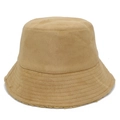 Detailed view of camel faux suede bucket hat with reinforced stitching and fleece lining - One Size / Brown