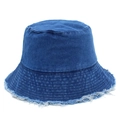 Classic dark blue distressed denim bucket hat with frayed edges for men and women - One Size / Dark Blue