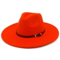Detailed texture of bright orange wool fedora hat with brown leather belt and gold buckle - One Size / Orange Red