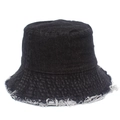 Detailed view of black cotton bucket hat with frayed edges and vintage denim texture - One Size / Black