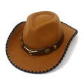 Detail of western cowboy hat featuring metallic bull head emblem and black stitched brim - One Size / Coffee