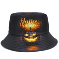 Black cotton bucket hat with glowing Jack-o'-lantern and Happy Halloween print - One Size / Black (BS669)
