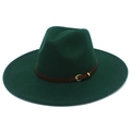 Detail of a dark green wool fedora hat with brown leather band and gold buckle - One Size / Dark Green